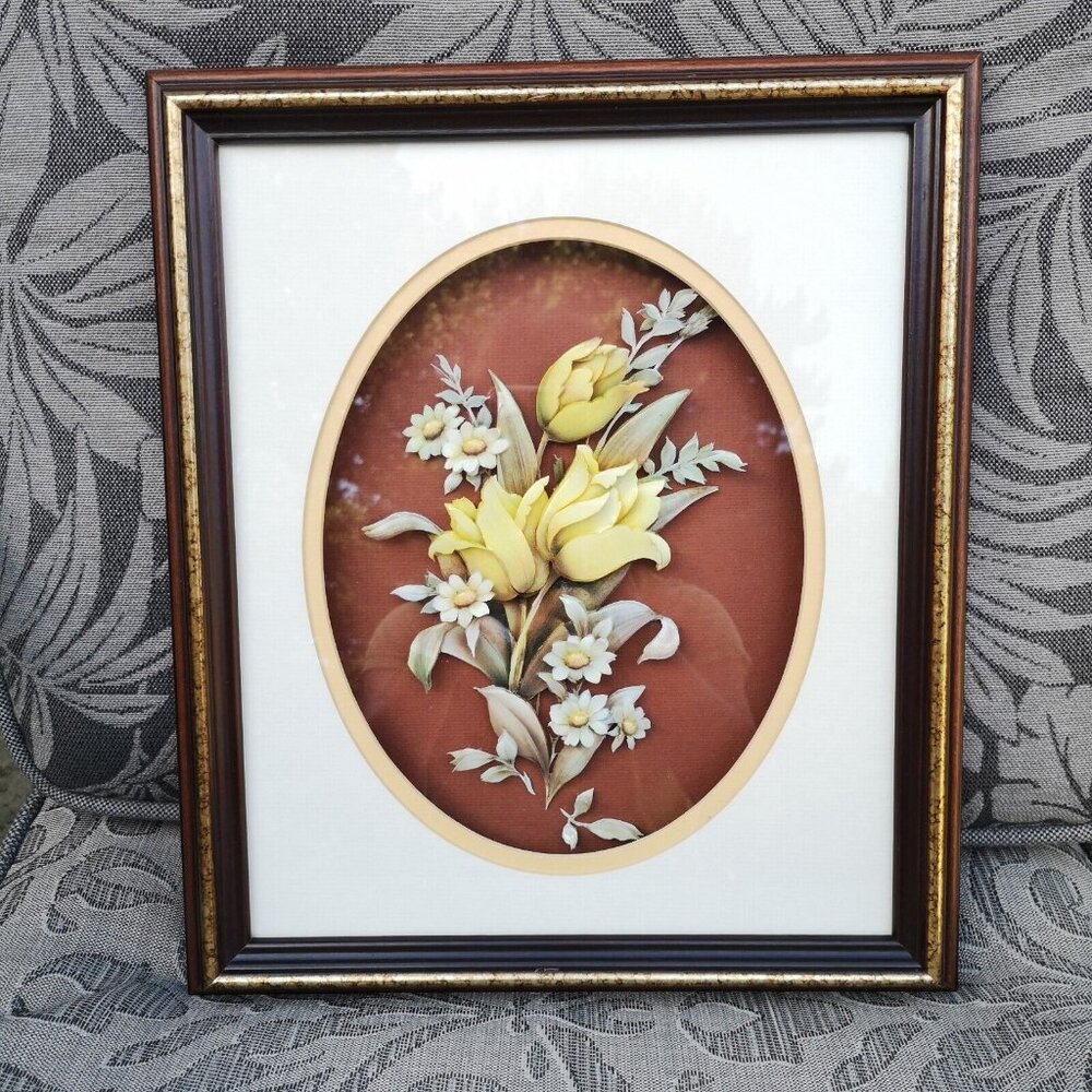 Vintage 3D Decoupage Yellow Tulips Picture In Wooden Frame 14"x12"